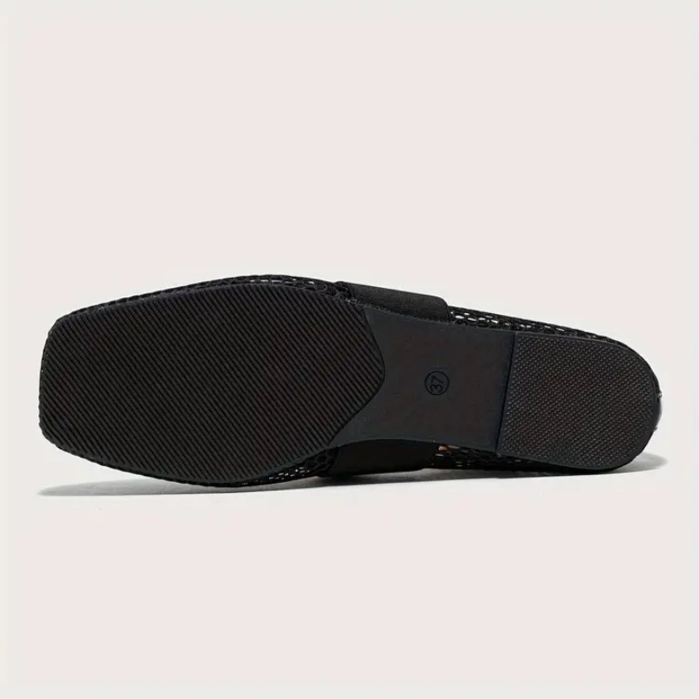 New Fishnet Mesh Ballet Flats Gold Metallic Buckle NWT Black Slip On Square Toe - Picture 8 of 9